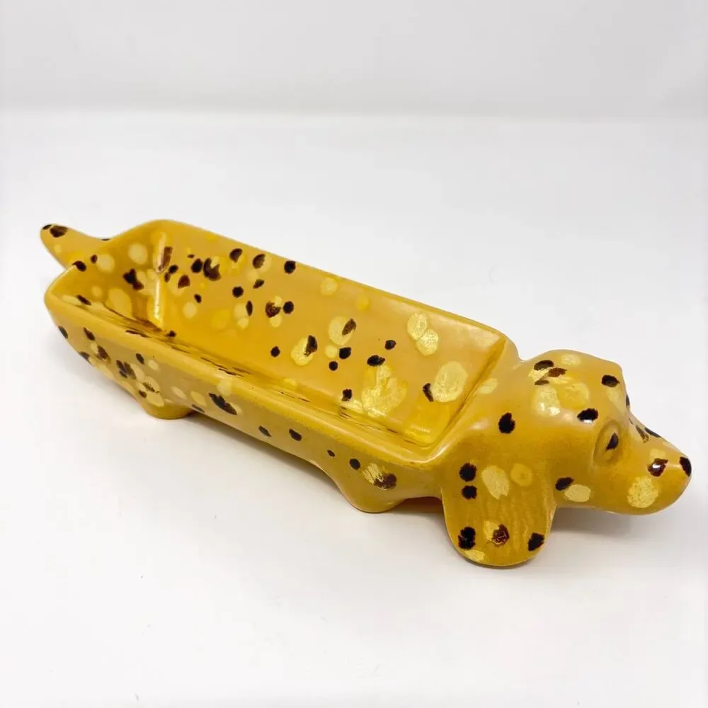 Vtg Dachshund Wiener Dog Serving Cracker Candy Dish Ceramic Bar Speckled READ